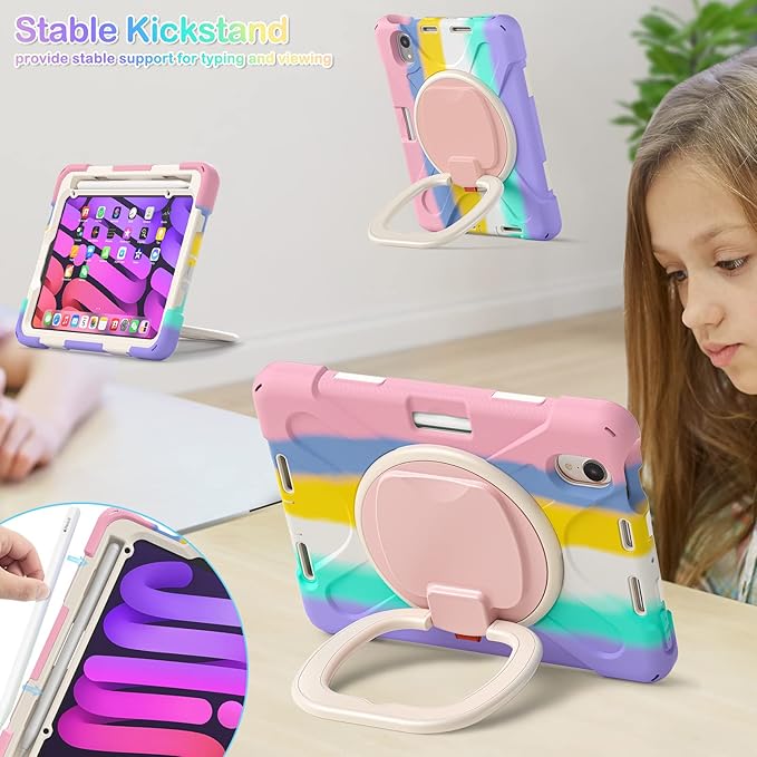 BRAECNstock Kids Case for Apple iPad mini 7 (A17 Pro)/ Mini 6 2024/2021 8.3-Inch Shockproof Protective iPad mini Case with Screen Protector Rotating Stand Handle Grip Pencil Holder Rainbow Pink