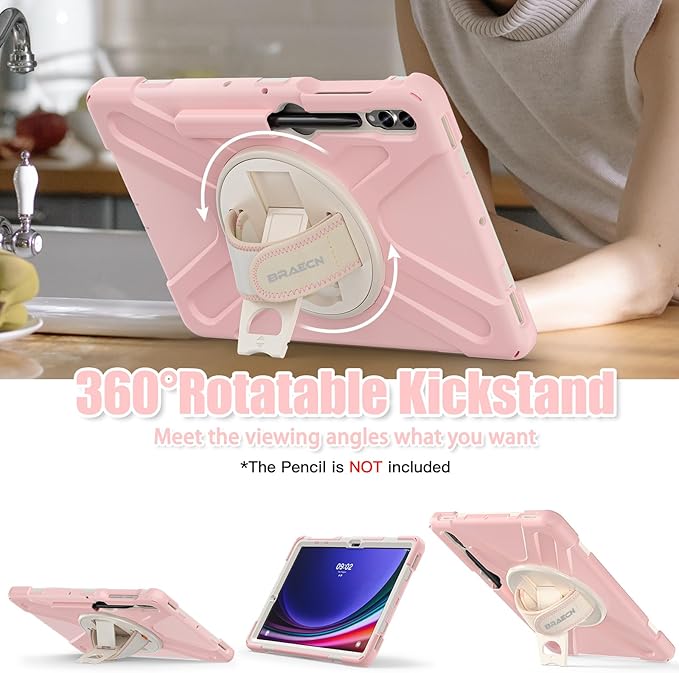 BRAECNstock for Samsung Galaxy Tab S10+ Plus/ S9 FE+ Plus/ S9+ Plus/ S8+ Plus/ S7 FE/ S7+ Plus 5G Case 12.4 Shockproof Protective Kids Cover with Rotating Hand Strap &amp Stand Pen Holder - Sakura P