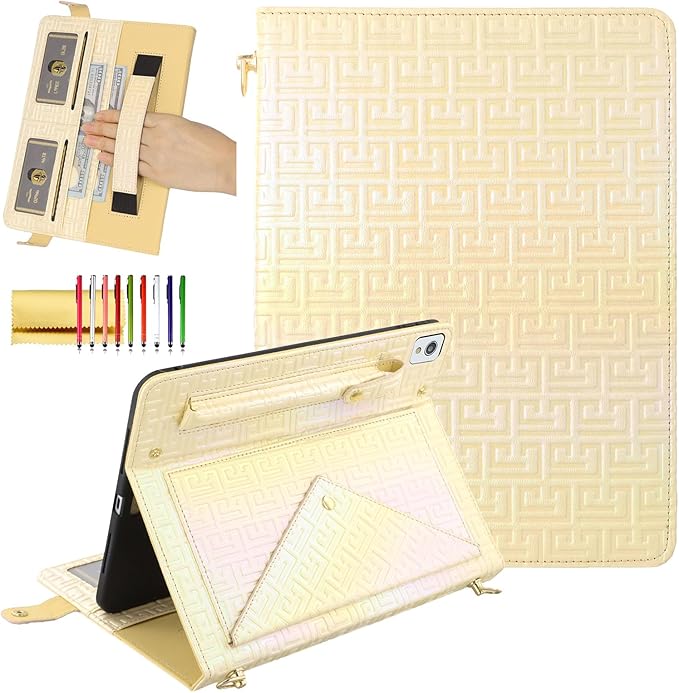 Dteck iPad 9th/8th/7th Generation Case 10.2 Luxury Sparkle PU Leather Kickstand With Pencil Holder Shoulder Hand Strap Card Slots Shockproof Protective Magnetic Pocket Wallet Apricot