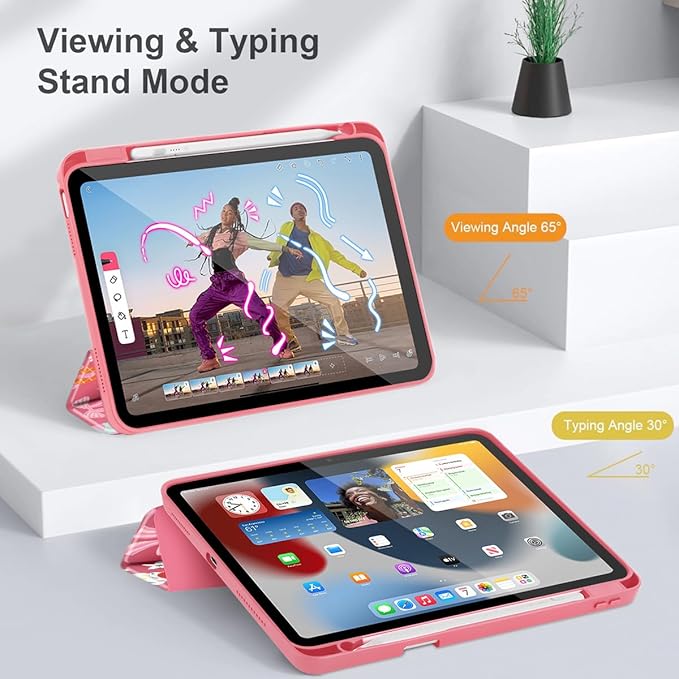 Case for iPad 11 inch A16 2025 Generation 11th / iPad 10.9 inch 2022 10th Gen Buit in Pencil Holder with Shockproof Cover Clear Transparent Back Shell Auto Wake/Sleep Ice Cream-Bows-Red