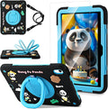 for iPad (A16) 11th Generation Case Kids iPad 10th Generation with Screen Protector Rugged Protective Cartoon 3D Panda Warrior Cover with Rotating Stand/Strap/Pen Slot for Kids Teens (Black+Blue)