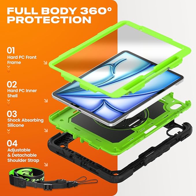 SEYMAC stock Case for iPad Air 11-inch M4-M2 2026-2024 (Gen 8-6) Shockproof Heavy Duty Case with Screen Protector Pencil Holder Rotating Stand Hand Strap Shoulder Strap Green