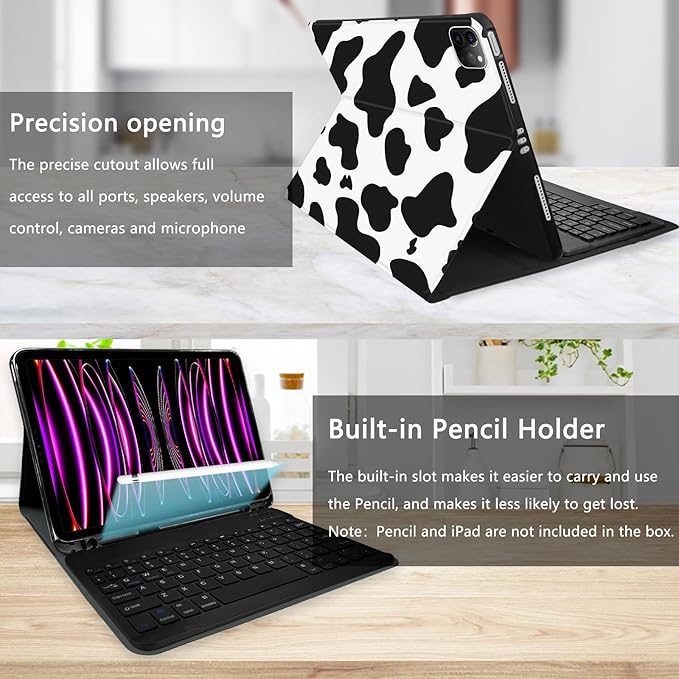 TopPerfekt for iPad Pro 11 4th/3rd/2nd/1st Gen (2022/2021/2020/2018) Keyboard Case Magnetically Absorbent Auto Sleep/Wake Support 2nd Gen Pencil Wireless Charge with Pencil Holder - Black Cow