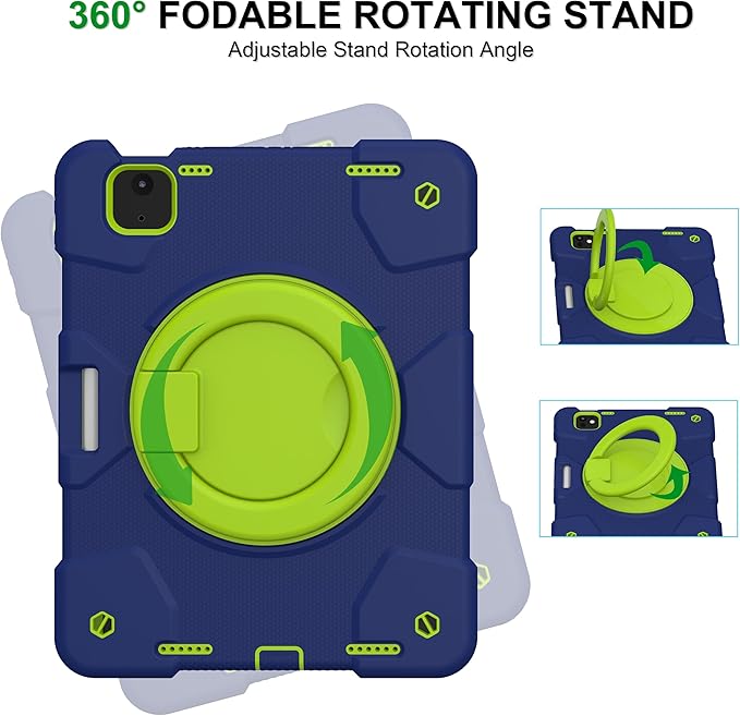 Case for iPad Air 11 inch Case M3 2025/ M2 2024 (Air 7th/6th Generation) Heavy Duty Shockproof Cover with Screen Protector 360° Rotating Stand Pencil Holder Shoulder Strap (Navy+Green)
