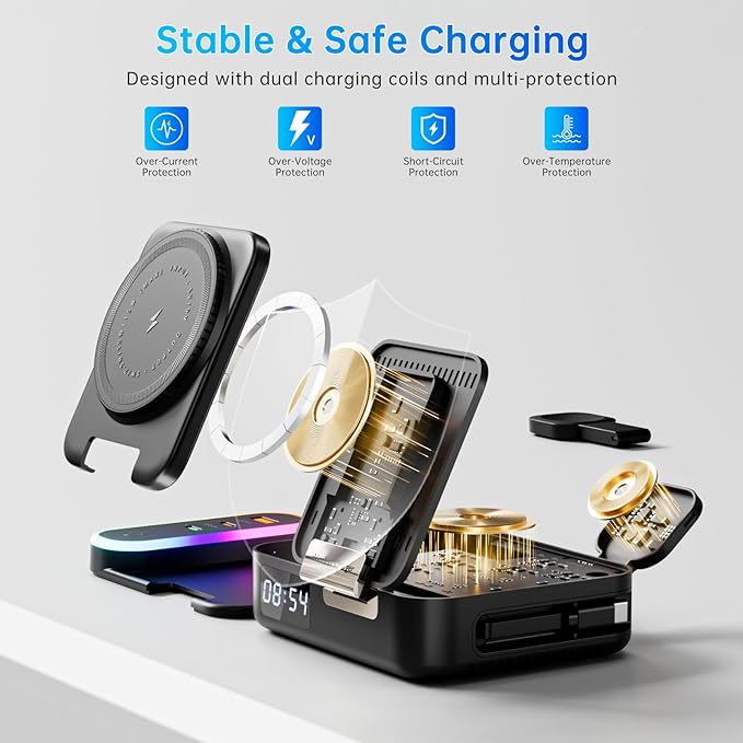 Qi2 Wireless Charger 8in1 Magnetic Wireless Charger Fast Charging Station for iPhone 65W Fast Foldable Charger with LED Clock USB-C/A Ports Multi-Device Charging Travel charged MagSafe Compatible