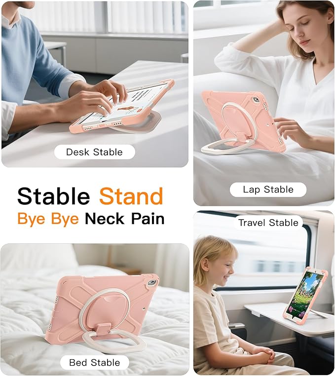 BATYUE 10.5 inch Case for ipad Air 3rd Generation 2019 / ipad pro 10.5 2017 Rugged Heavy Duty Protective Cover with Pencil Holder 360° Swivel Stand Shoulder Strap for Kids (Rose Gold)