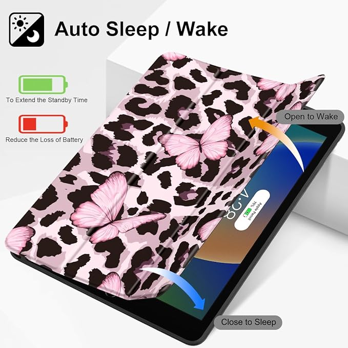 Mektron Designed Printed iPad 10.2 Case 9th Gen (2021)/ 8th Gen (2020)/ 7th Gen (2019) with Pencil Holder Slim Protective Case with Soft TPU Back for iPad 10.2 Inch Leopard Pink Butterfly