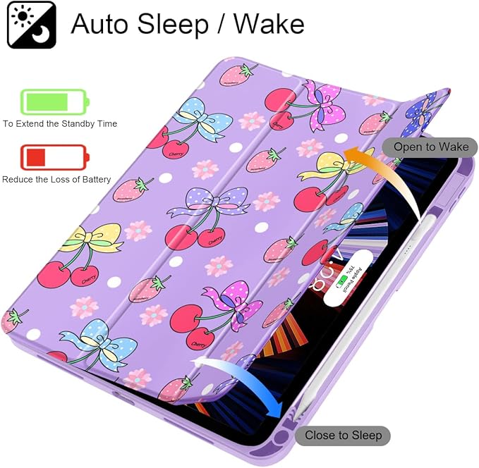 Tuiklol for 2025 iPad (A16 Chip) 11th Generation 11 inch/iPad 10th Gen 10.9 inch 2022 Case Buit in Pencil Holder with Clear Back Shell Cover Trifold Stand Auto Wake/Sleep Strawberry Cherry Purple