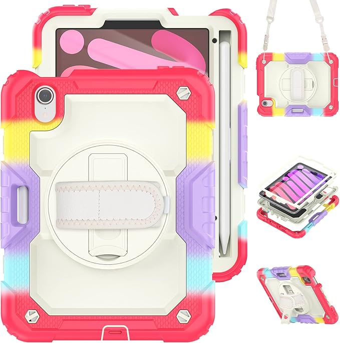 Case for iPad mini 7 (A17 Pro) 2024/ Mini 6 8.3'' with Pencil Holder Screen Protector [360 Rotating Hand Strap] &ampStand &ampShoulder Strap Shockproof Case for iPad mini 7th/6th Gen Camo Red
