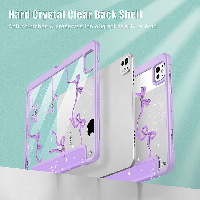 Tuiklol for iPad Pro 11 Inch (M5 2025 / M4 2024) Case Buit-in Pencil Holder with Slim Clear Back Cover Protection Trifold Stand-Auto Wake/Sleep Tablet Case Black Flower Bow-Purple