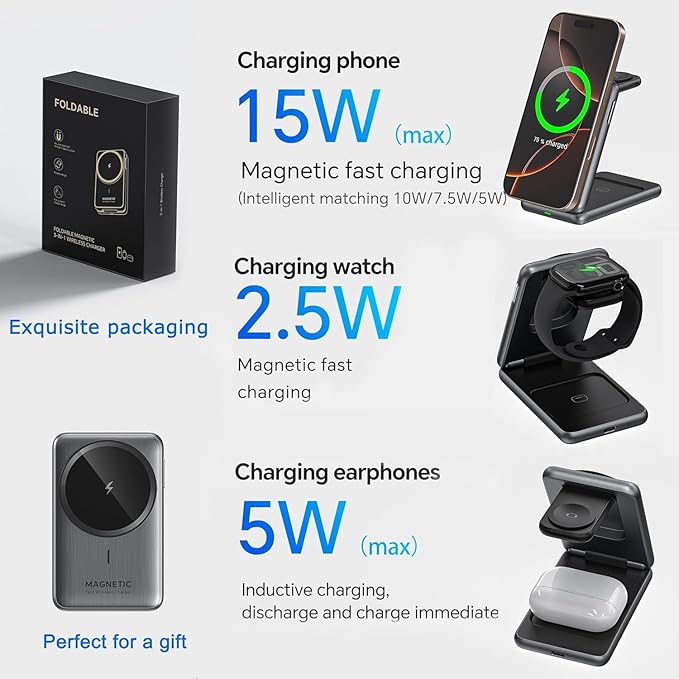 3 in 1 Charging Station for iPhone Wireless Charger Stand15W Fast MagSafe Charger for iPhone 17 16 15 14 13 12 Series-Apple Watch 11 10 9 8 7 6 5 4 3 2 SE and Ultra Series-Airpods 4 3 2 Pro