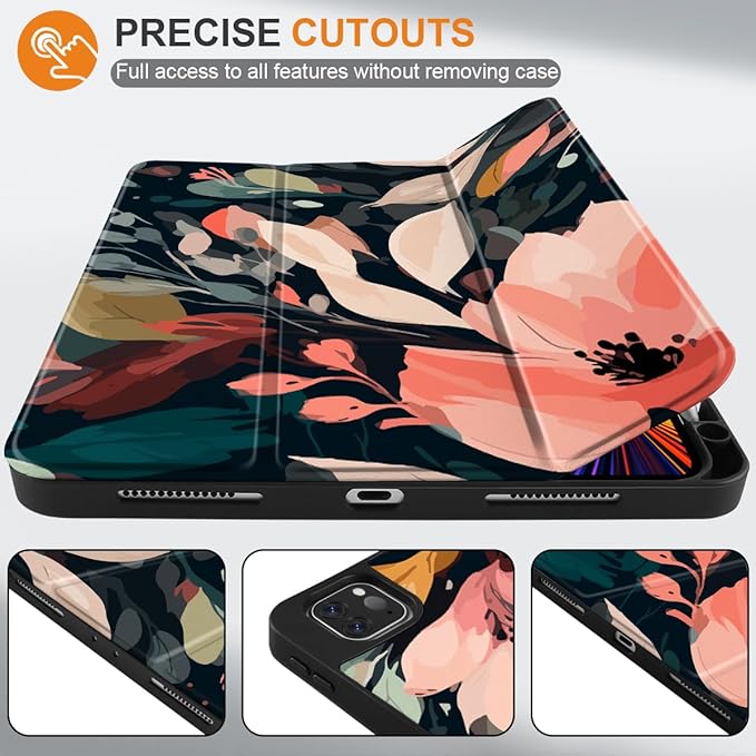 DONGKE Case for 2022/2021/2020/2018 iPad Pro 11 inch Gen 4/3/2/1 - Slim Protective Case - Built in Pencil Holder Support Charging - Trifold Stand &amp Sleep/Wake Cover - Painted Florals