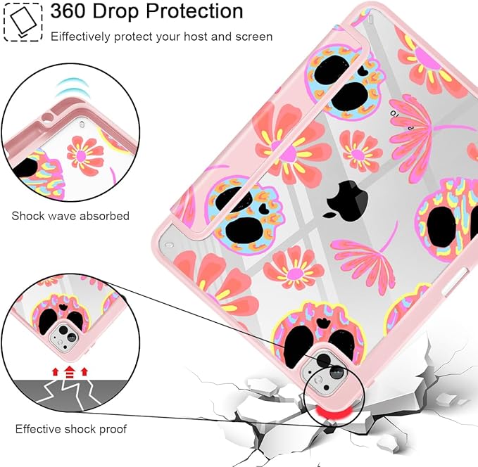 Mektron Case for M5/ M4 iPad Pro 11 inch 2025/2024 with Pencil Holder Compatible Models: A3357/A3358/A3359/A2836/A2837/A3006 Shockproof Cover Clear Shell Skull &amp Flowers Pink