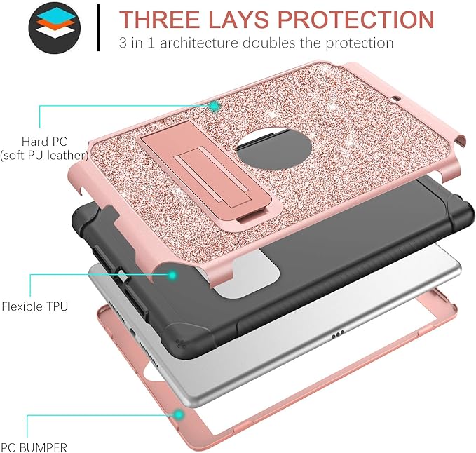 BENTOBEN case for iPad 9th / 8th/ 7th Generation 10.2 ( 2021/2020/2019) Glitter Sparkly 3 Layers Shockproof Kickstand Protective Tablet Cover Rose Gold