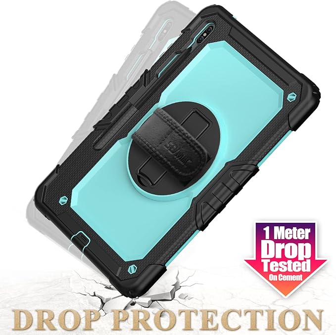 SEYMAC stock Case for Samsung Galaxy Tab S7 FE / S8 Plus 5G Case 12.4'' with Screen Protector Pencil Holder [360 Rotating Hand Strap] &ampStand Drop-Proof SkyBlue/Black