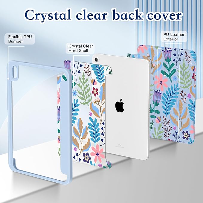 CISSOOK for iPad (A16) 11 inch Case 2025 /iPad 10th Generation 10.9 inch 2022 with Pencil Holder Trifold Stand with Soft TPU + PC Transparent Hard Shell Back Cover Blue Flora