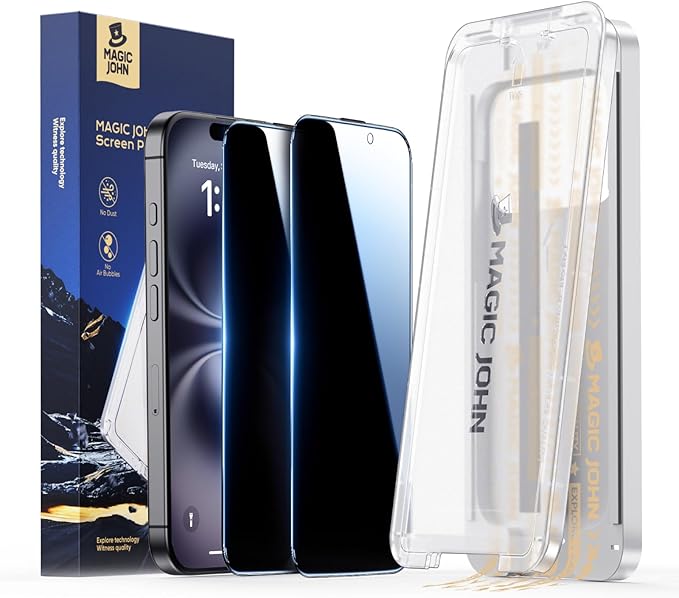 MAGIC JOHN 3rd Gen Upgraded for iPhone 15Plus/16Plus Privacy Screen Protector 6.7 Inch25°Anti-Spy ScreenShockproof Tempered GlassAuto Dust-RemovalBubble FreeEasy Installation2 Pack