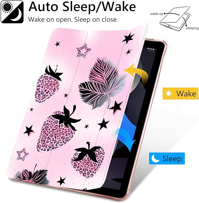 JOYLAND Y2k Leopard Print Strawberry Case for iPad Air 11 M3(2025)/M2(2024) iPad Air 5th(2022)/4th (2020) Gen 10.9 Pencil Holder &amp Clear Transparent Back &amp Trifold Smart Tablet Cover for G