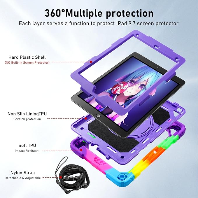for iPad 6th Generation/iPad 5th Gen/iPad Air 2/iPad Pro 9.7 Case with Cute Key Chain Rugged Protective Case with Rotating Stand &amp Shoulder Hand Strap for iPad 6th/5th/ Air 2 (Rainbow Purple)