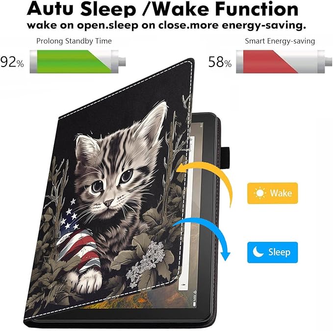 Case for All-New Amazon Kindle Fire HD 10 &amp 10 Plus Tablet 10.1 (13th/11th Generation 2023/2021 Release) - PU Leather Folio Case with Smart Auto Wake/Sleep Cat Holding American Flag