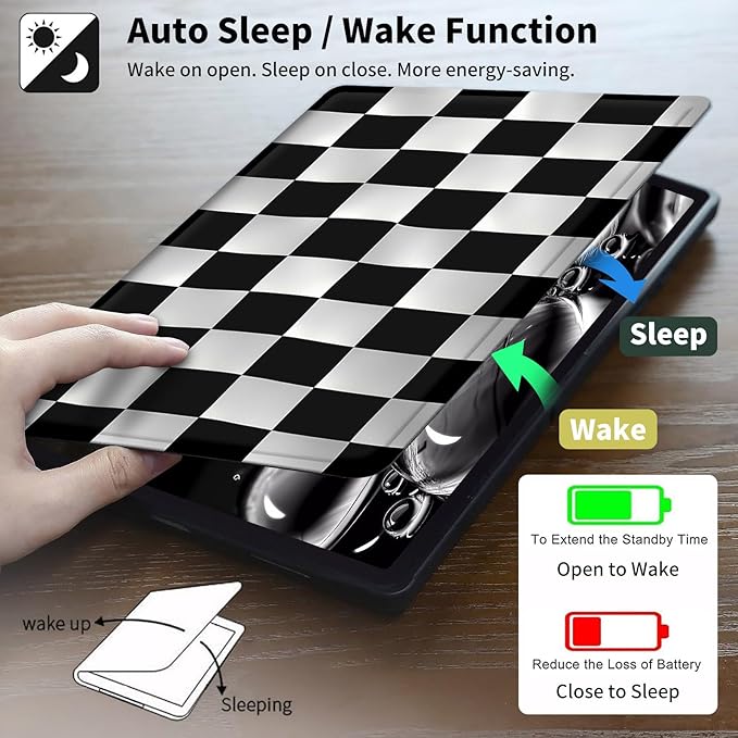 for Amazon Fire 7 Tablet Case (12th Generation2022 Release)360 Degree Rotating Swivel PU Leather Stand Folio Cover with Auto Wake/Sleep for Amazon Fire 7 Kids TabletBlack White Checkere