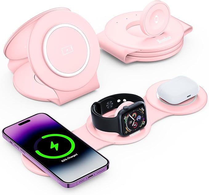 Hicober 3 in 1 Wireless Charging Station for Apple Watch and iPhone Air 17 16 15 14 13 12 Pro Max/Plus Magnetic Foldable Wireless Travel Charger Station Stand for Airpods iWatch All Series Pink
