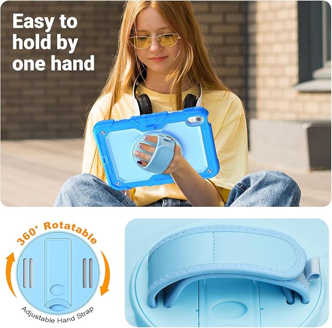 Kids Case for iPad (A16) 11th/10th Generation 11''/10.9'' 2025/2022: Shockproof Protective Case with Hand/Shoulder Strap Pencil Holder Rotate Stand Screen Protector