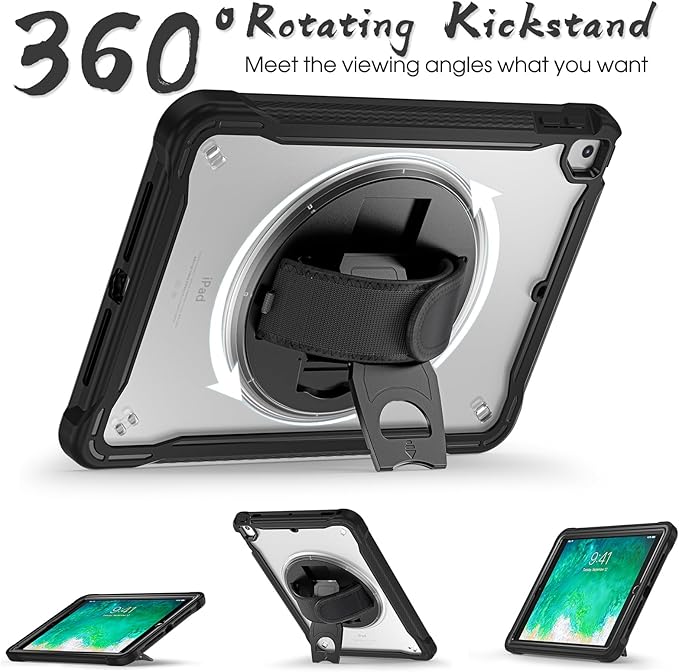 BRAECNstock Case for iPad 6th/5th Generation 9.7 inch 2018/2017ipad Air 2nd Generation &amp Pro 9.7 inch Cover for Kids with Pencil HolderScreen Protector360°Rotating Hand Strap&ampKickstand-Blac