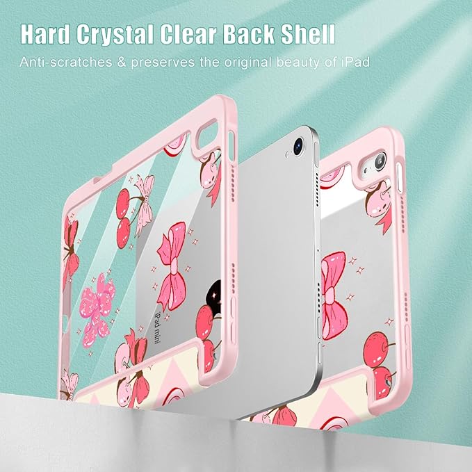 Mektron Printed Case for iPad mini 7 (A17 Pro) 2024/ Mini 6 2021 iPad mini 7th/6th Generation 8.3-inch Liquid Retina Display Cover Buit in Pencil Holder with Clear Back Shell Cherry with Bows