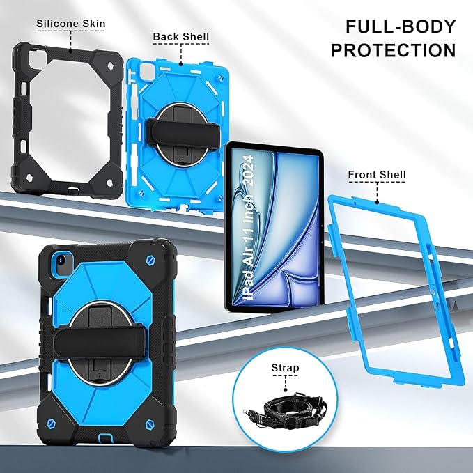 Case for iPad Air 11 inch M2 2024Tablet case for iPad Air 6th Generation Kids case Shockproof Protective with 360° Rotate Kickstand Hand Strap Shoulder Strap Cover Black/Blue