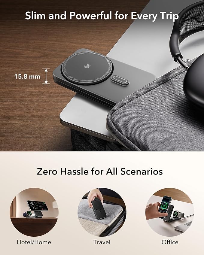 ESR 3 in 1 Charging Station for Apple Qi2.2 25W MagSafe Charger with CryoBoost Phone-Cooling Wireless Charging Station Foldable for iPhone 17/16 with iOS 26(50W Adapter) AirPods Apple WatchBlack