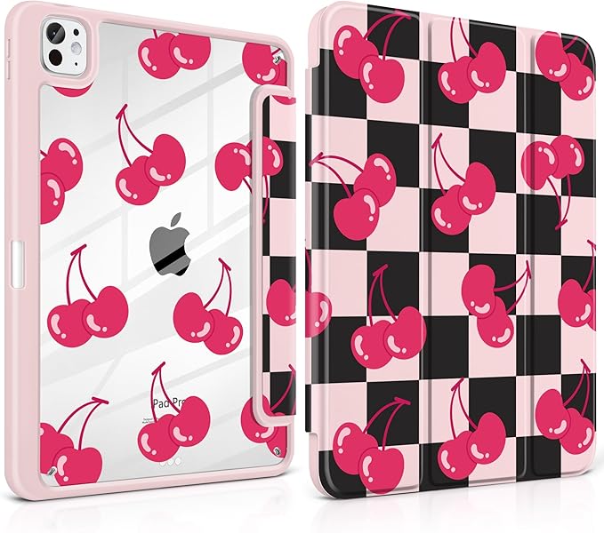 DONGKE for iPad Pro 11-Inch Case (M5 2025 / M4 2024) 6th/5th Generation [Auto Sleep/Wake &amp Pencil Pro Holder] Clear Acrylic Back Smart Trifold Stand Cover Cherry Checkers