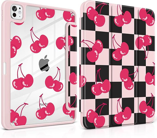 DONGKE for iPad Pro 11-Inch Case (M5 2025 / M4 2024) 6th/5th Generation [Auto Sleep/Wake &amp Pencil Pro Holder] Clear Acrylic Back Smart Trifold Stand Cover Cherry Checkers