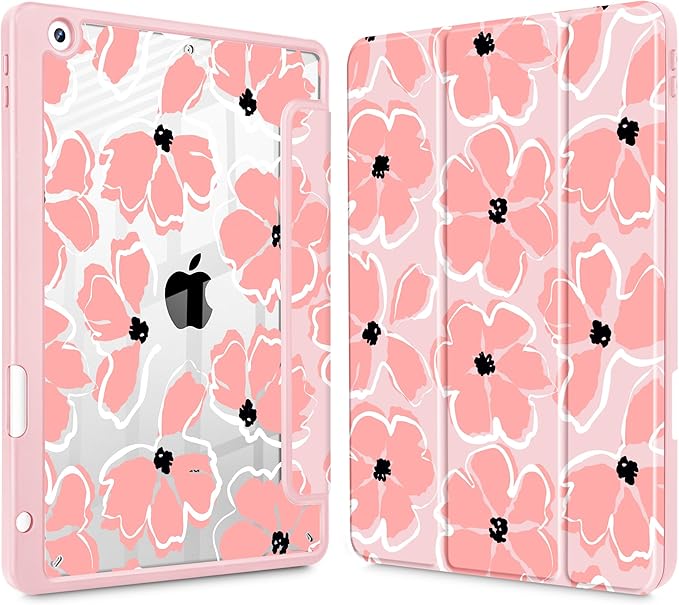 Case for iPad 9th/ 8th/ 7th Generation 10.2-Inch Case(2021/2020/2019 Release) [Built in Pencil Holder] Trifold Stand Auto Wake/Sleep Clear TPU Protection Back Cover Hand Drawn Flowers