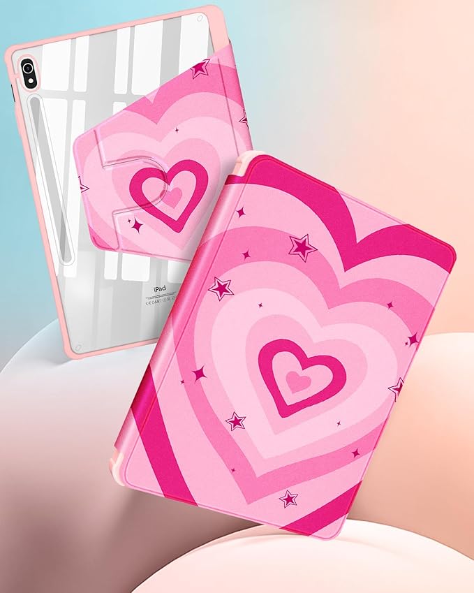 for Samsung Galaxy Tab S10 Fe Case - Tab S9 Fe/S9 Case with Pencil Holder Women Girls Cute Girly Pretty Pink Heart Unique Aesthetic Design Teens Rotating Tablet Cases Cover