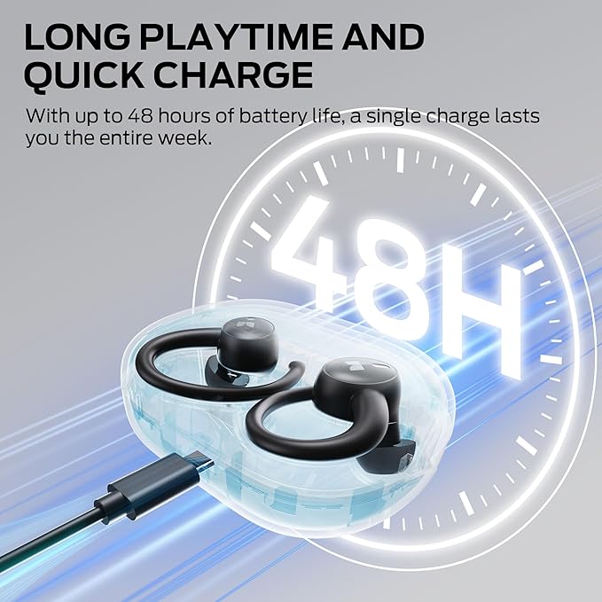 Monster N-Lite 216 Wireless Earbuds Sports Earbuds with Earhooks Noise Cancelling Headset Stereo Deep Bass Over Ear Buds 48H Playtime IPX6 Waterproof Earphones for Sports/Running/Workout（Black）