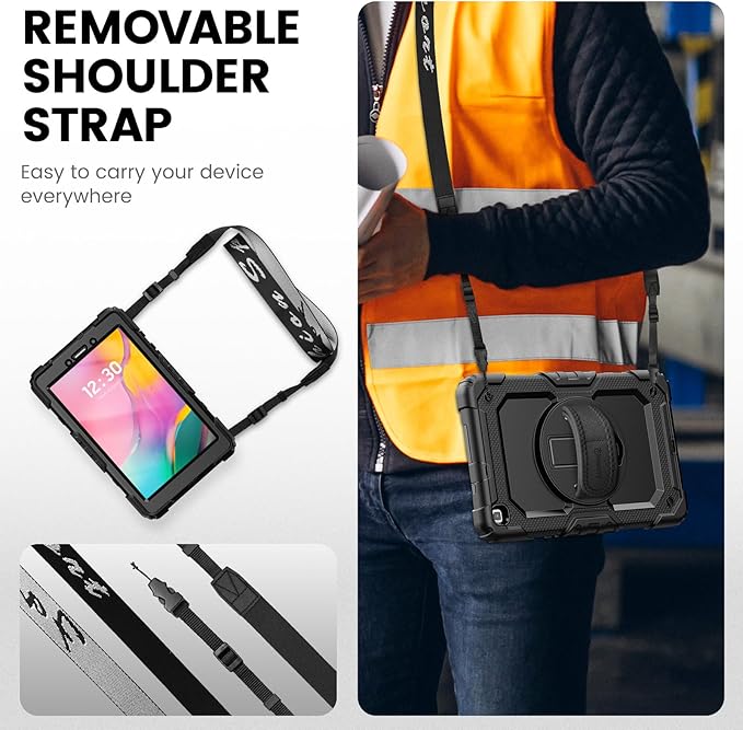 Timecity Case for Samsung Galaxy Tab A 8.0 2019 SM-T290/ T295/ T297 Full-Body Protective Case with Screen Protector Swivel Stand/Handle Shoulder Strap Case for Kids Students Black