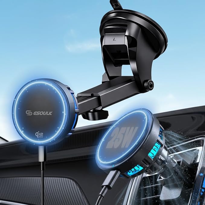 Esoulk [2026 Upgraded] Qi2 25W Fast Wireless Car Charger with Cooling Fan MagSafe Compatible Magnetic Mount 3-in-1 Dashboard/Windshield/Air Vent Phone Holder for iPhone &amp Android