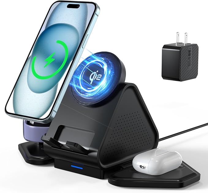 Minthouz 3 in 1 Wireless Charging Station Mag Safe Wireless Charger Stand 15W Multiple Device Magnetic Charger for iPhone 171615141312 Series Apple Watch AirPods USB-C Charger Included