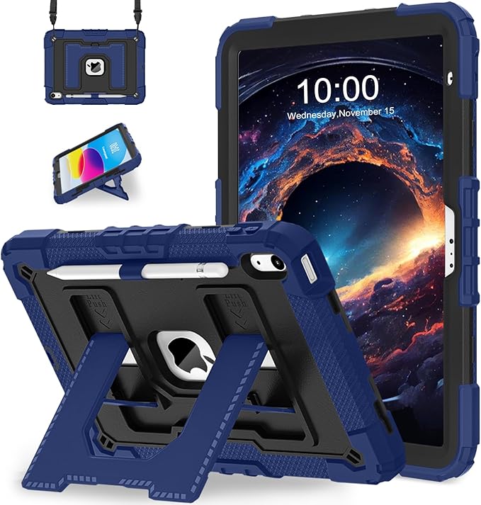 WESOROL Case for iPad A16 11th/10th Generation 2025/2022 with Pencil Holder Shoulder Strap iPad Case 10th Generation Shockproof Cover for iPad 11th/10th Gen CasesNavy Black
