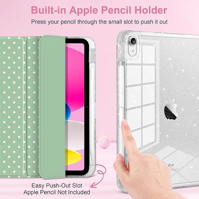 DONGKE for iPad Case 9th/8th/7th Generation 10.2 Inch (2021/2020/2019) Shockproof Glitter Acrylic Back with Trifold Stand Pencil Holder &amp Auto Sleep/Wake - Green Polka Dot
