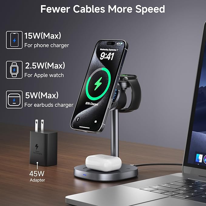 3-in-1 Magnetic Wireless Charging Stand rotatable Wireless Charger with Heat Dissipation Function Qi2 Certified 15W Charger Compatible with iPhone 17-12 Series Apple Watch and AirPods.