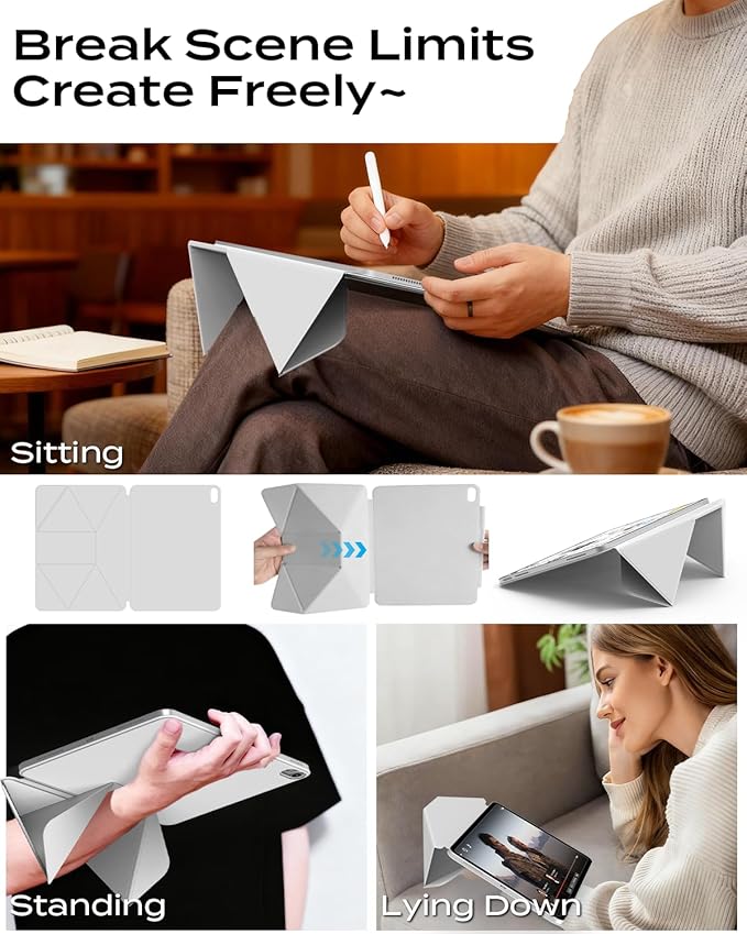 JKSML Dynamic Folio Case for iPad Air M4/M3/M2 11 &amp Air 4th/5th Gen 10.9 Detachable Pencil Holder 20+ Multi-Angle Origami Cover Slim &amp Ergonomic &amp Powerful Magnetic - Gray