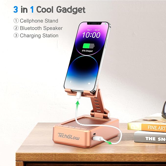 TechGlow Gifts for Men Women Foldable Cellphone Stand with Bluetooth Speaker and Charging Function Birthday Gift Idea for Mom Dad Cool Gadget Tech Gifts-Rose Gold