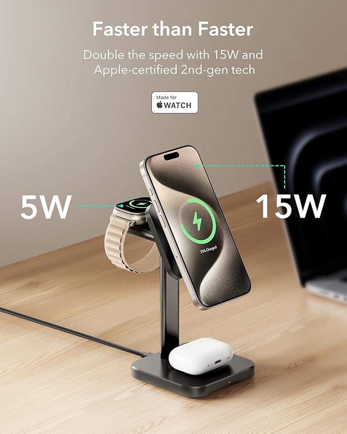 ESR for 3 in 1 Wireless Charging Station Certified Apple Watch Charger 15W MagSafe Charger Stand for iPhone Wireless Charger for Multiple Devices iPhone 17/16/15/14/13 Watch AirPods Black