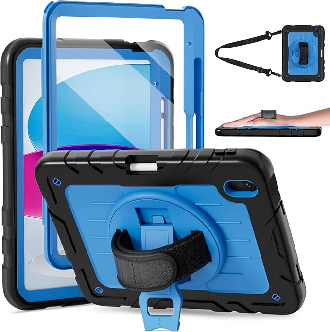 Case for iPad 10th Generation 10.9inch 2022with Built-in Screen Protector and KickstandHand StrapShoulder Strap for New Apple iPad 10.9 Inch(Black/Blue)