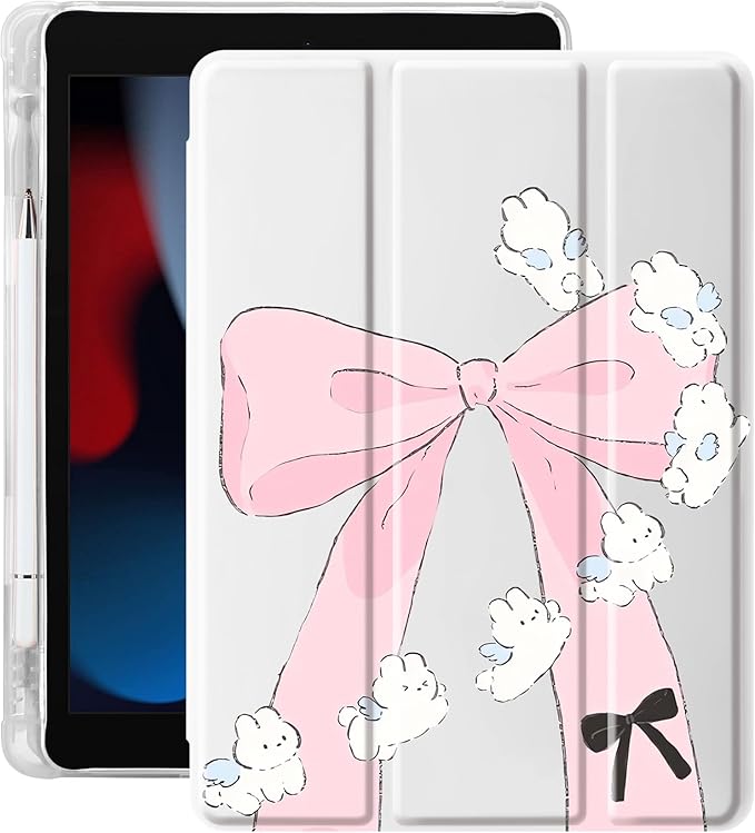 Idocolors Case for iPad 11 inch (A16 Chip) 2025 Generation 11th / iPad 10.9 inch 2022 10th Gen Built-in Pencil Holder with Soft TPU Shockproof Back Shell Auto Wake/Sleep Bunny Bow-White