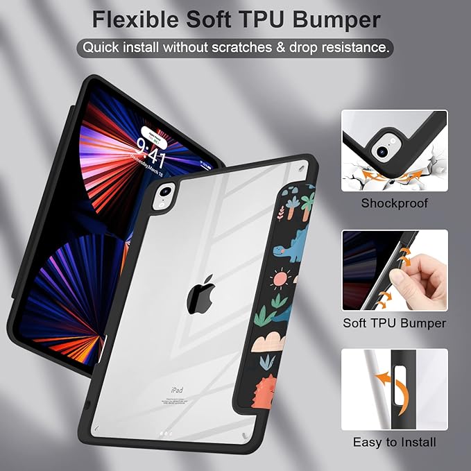 Batianda Hybrid Case for iPad Air 2022 (5th Generation M1 Chip) / iPad Air 4th 2020 10.9 inch [Built-in Pencil Holder] Shockproof Cover with Clear Transparent Back Shell TPU BumperCute Dinosaurs