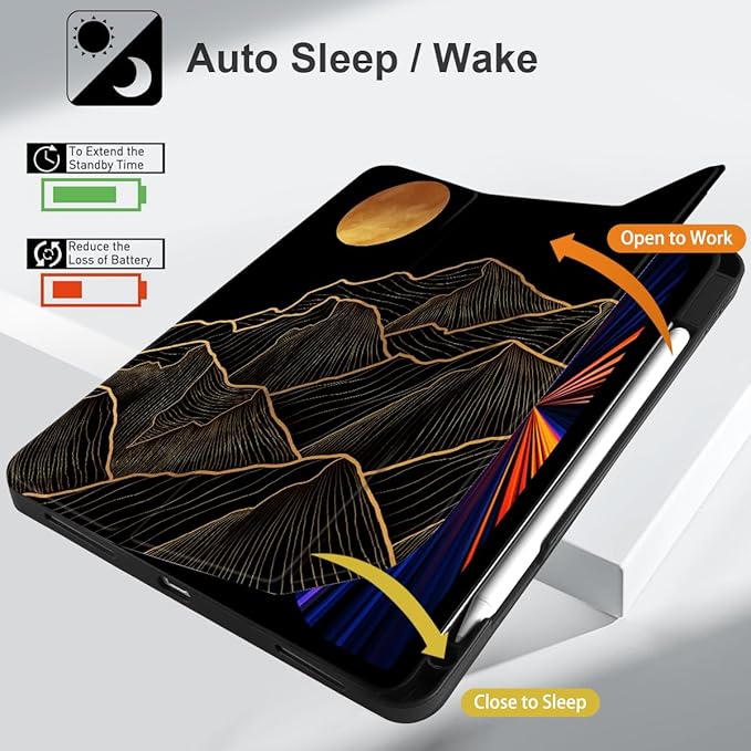 DONGKE Case for iPad Pro 12.9 inch 6th Generation 2022 Built-in Pencil Holder + Trifold Stand + Auto Wake/Sleep + Protective Cover for iPad Pro 12.9 5th/4th/3rd Gen - Golden Mountain