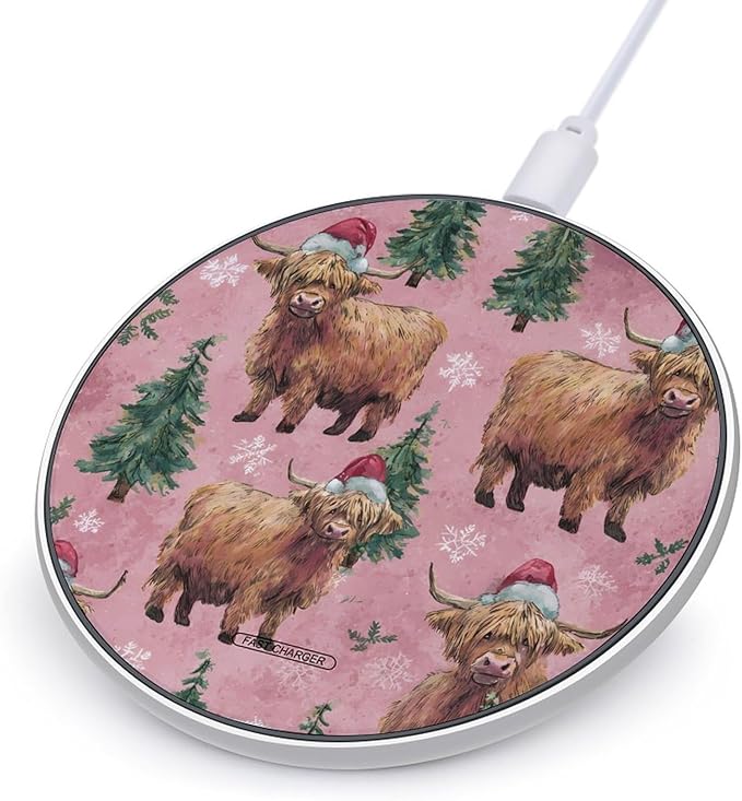 Highland Cows Santa Hats Christmas Fast Portable Charger 10W Funny Graphic Phone Charging Pad with USB Cable